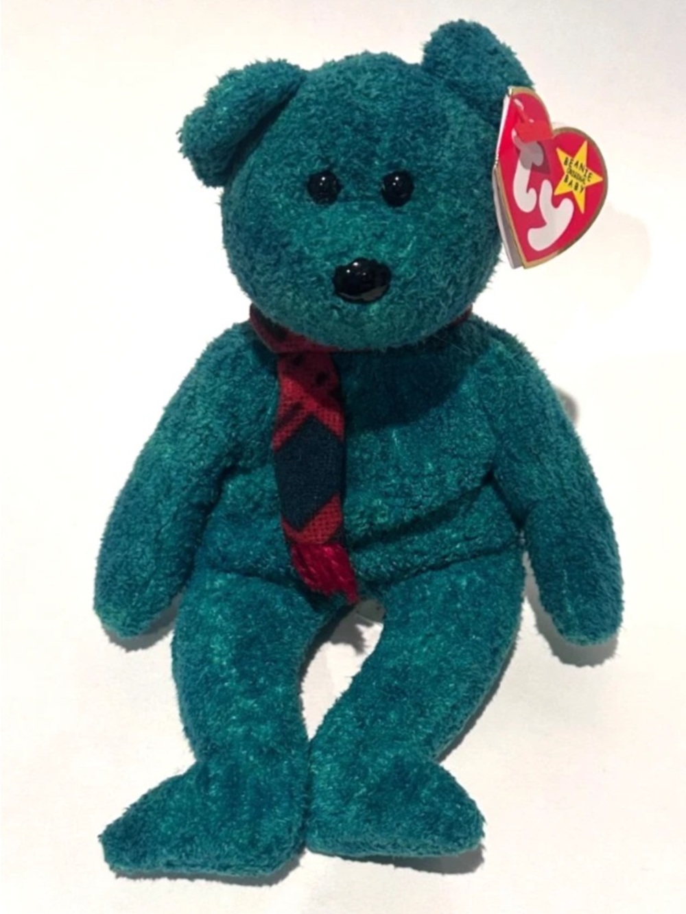 Ty Beanie Baby Wallace Teal Plush Bear with Plaid Scarf.
